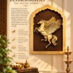Uchaishravas_ The Divine Horse - thebrasshandicrafts.com Panel describing Uchaishravas, 'The Divine Horse', with a golden winged horse relief and lotus motif in a decorative display. thebrasshandicrafts.com