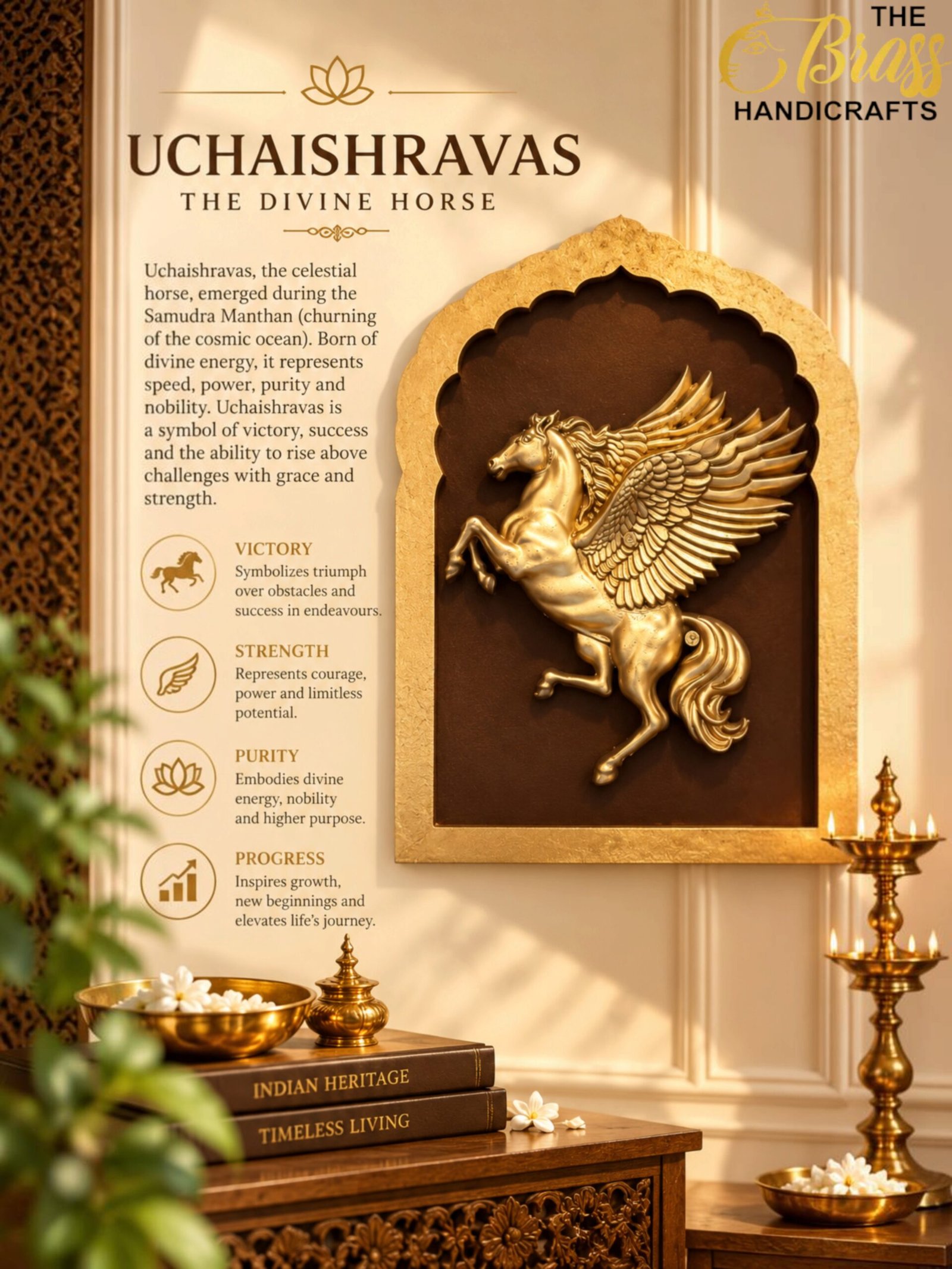 Uchaishravas_ The Divine Horse - thebrasshandicrafts.com Panel describing Uchaishravas, 'The Divine Horse', with a golden winged horse relief and lotus motif in a decorative display. thebrasshandicrafts.com