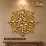 eb846b67-d6ff-45e3-a319-b1073b050d34 - thebrasshandicrafts.com Gold ornamental wall art featuring an Om symbol within a floral mandala, 36x36 inches, mounted on a beige wall above a wooden table. thebrasshandicrafts.com