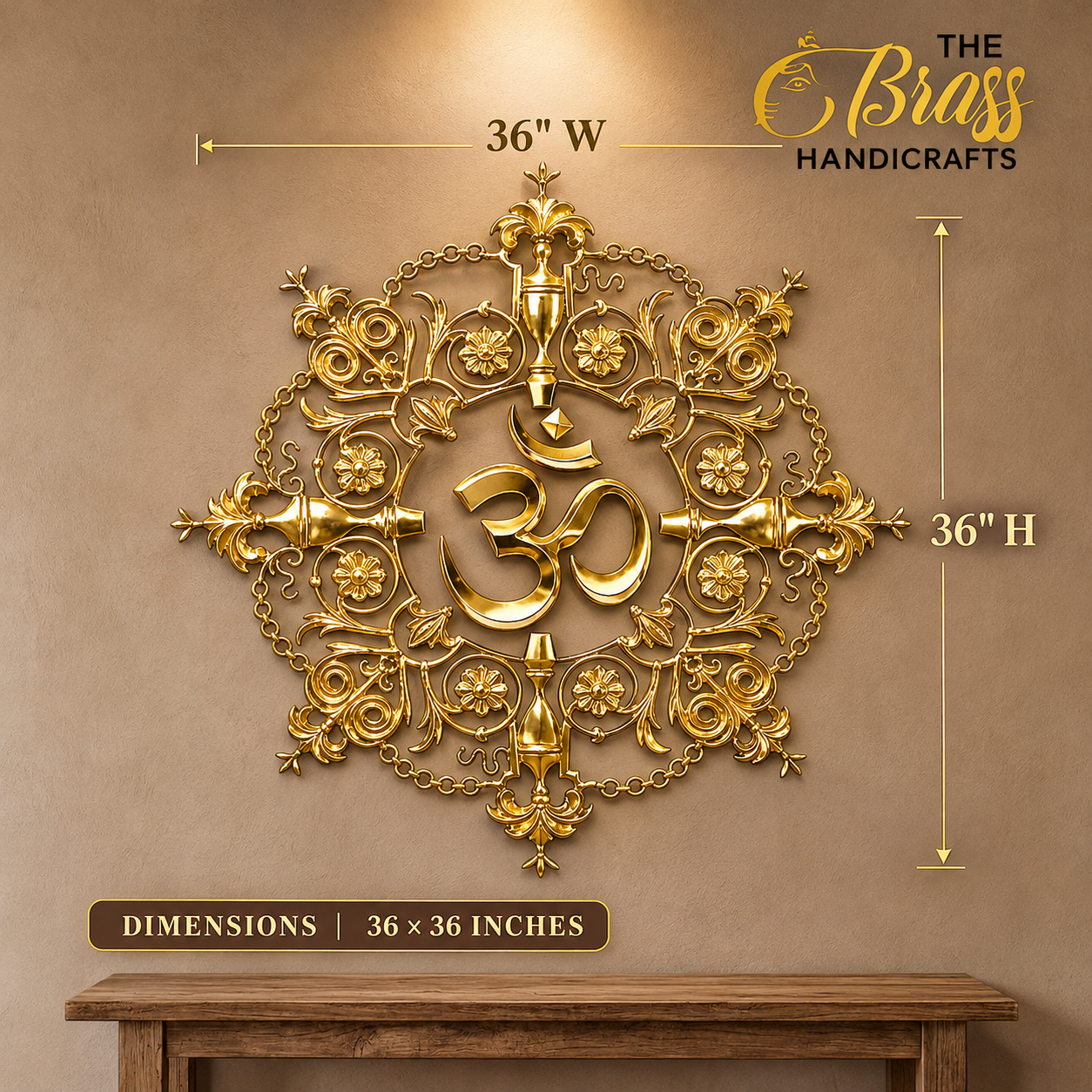 eb846b67-d6ff-45e3-a319-b1073b050d34 - thebrasshandicrafts.com Gold ornamental wall art featuring an Om symbol within a floral mandala, 36x36 inches, mounted on a beige wall above a wooden table. thebrasshandicrafts.com