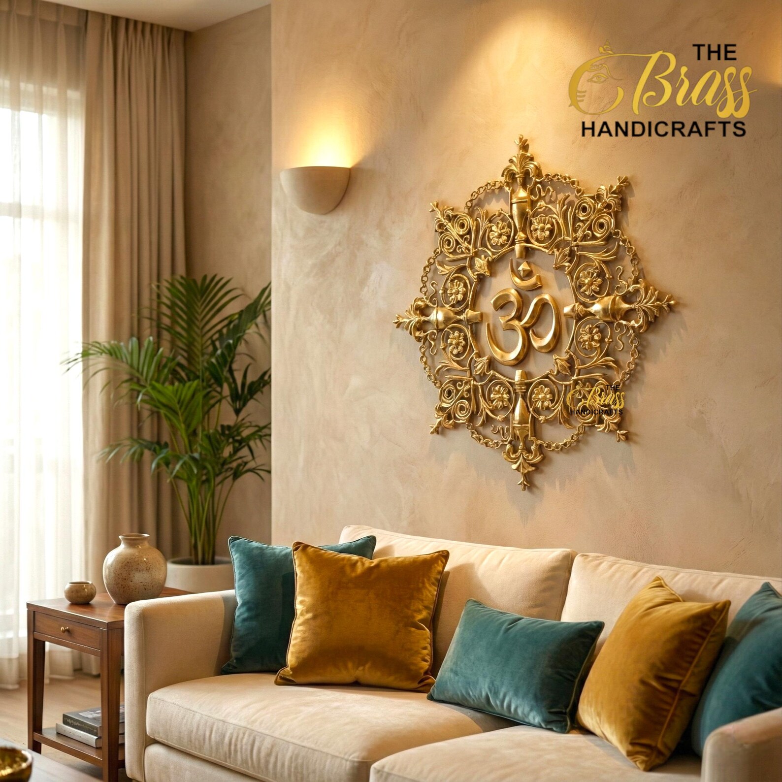 il_1588xN7579738936_jvxa - thebrasshandicrafts.com Beige living room with an ornate gold wall sculpture of the Om symbol, mustard and teal pillows on a beige sofa. thebrasshandicrafts.com