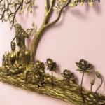 il_1588xN8398831906_l3cl - thebrasshandicrafts.com Gold brass wall sculpture of a tree with figures and flowers against a pink background. thebrasshandicrafts.com