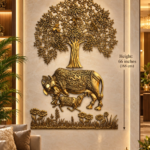 kamdhenu 66inches 3 - thebrasshandicrafts.com Gold wall sculpture of a tree with two elephants beneath on a beige marble wall; width 48 inches, height 66 inches. thebrasshandicrafts.com