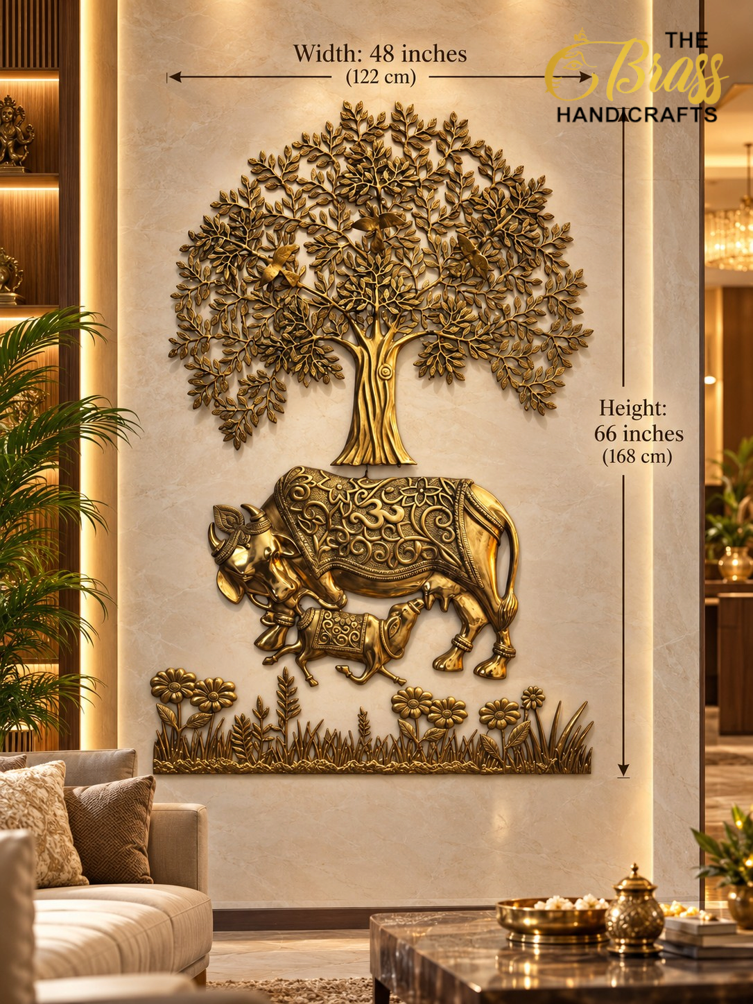 kamdhenu 66inches 3 - thebrasshandicrafts.com Gold wall sculpture of a tree with two elephants beneath on a beige marble wall; width 48 inches, height 66 inches. thebrasshandicrafts.com