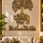 Luxurious gold wall sculpture of a tree with elephants beneath, mounted on a beige stone wall in a living room.  thebrasshandicrafts.com