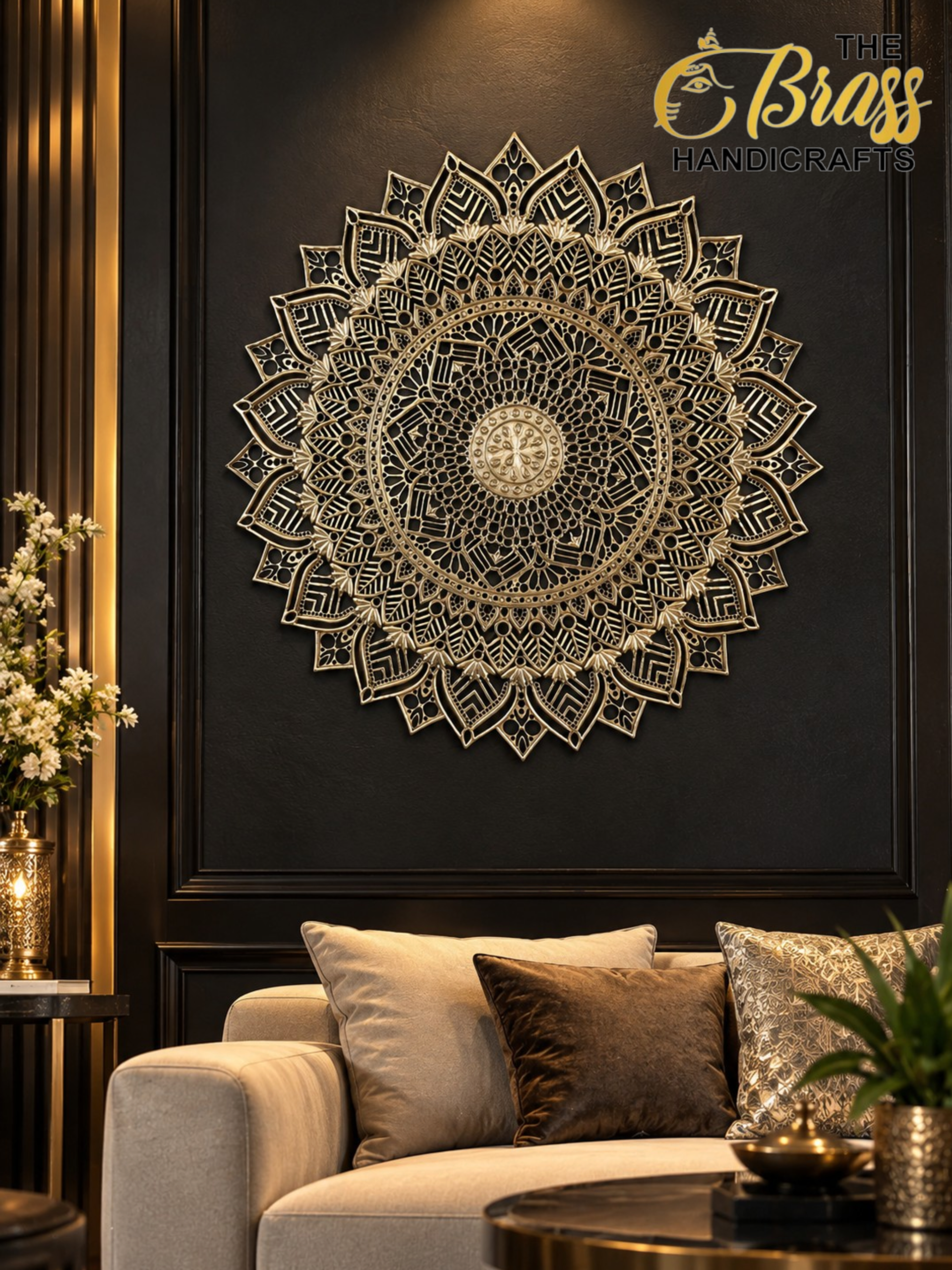 Intricately carved gold mandala wall art on a dark paneled wall above a beige sofa with gold-toned accents and cushions.  thebrasshandicrafts.com