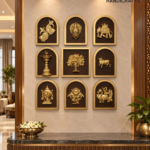 Wall display of gold relief plaques in arched frames arranged in a grid, with 'The Brass Handicrafts' logo in the corner.  thebrasshandicrafts.com